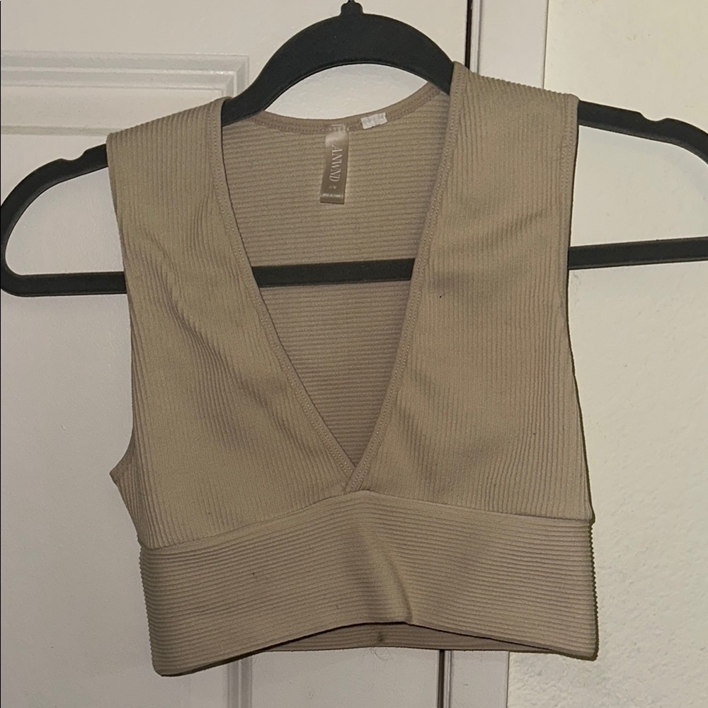 Tan Ribbed V-Neck Crop Top